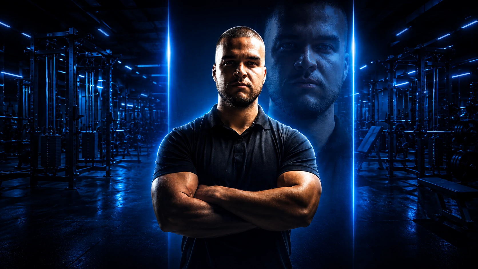 Gustavo, personal trainer, em ambiente de academia com iluminação azul