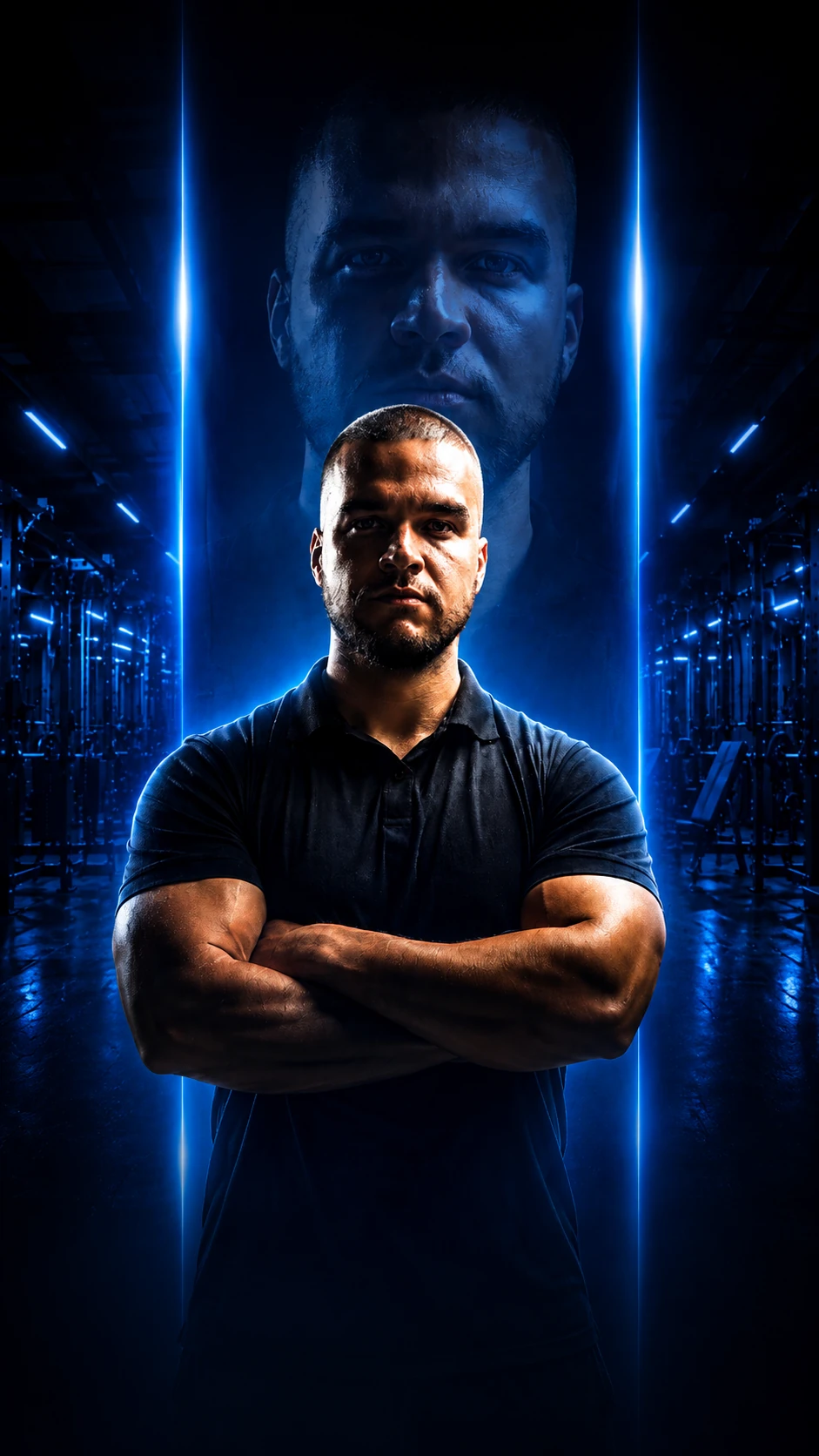 Gustavo, personal trainer, em ambiente de academia com iluminação azul